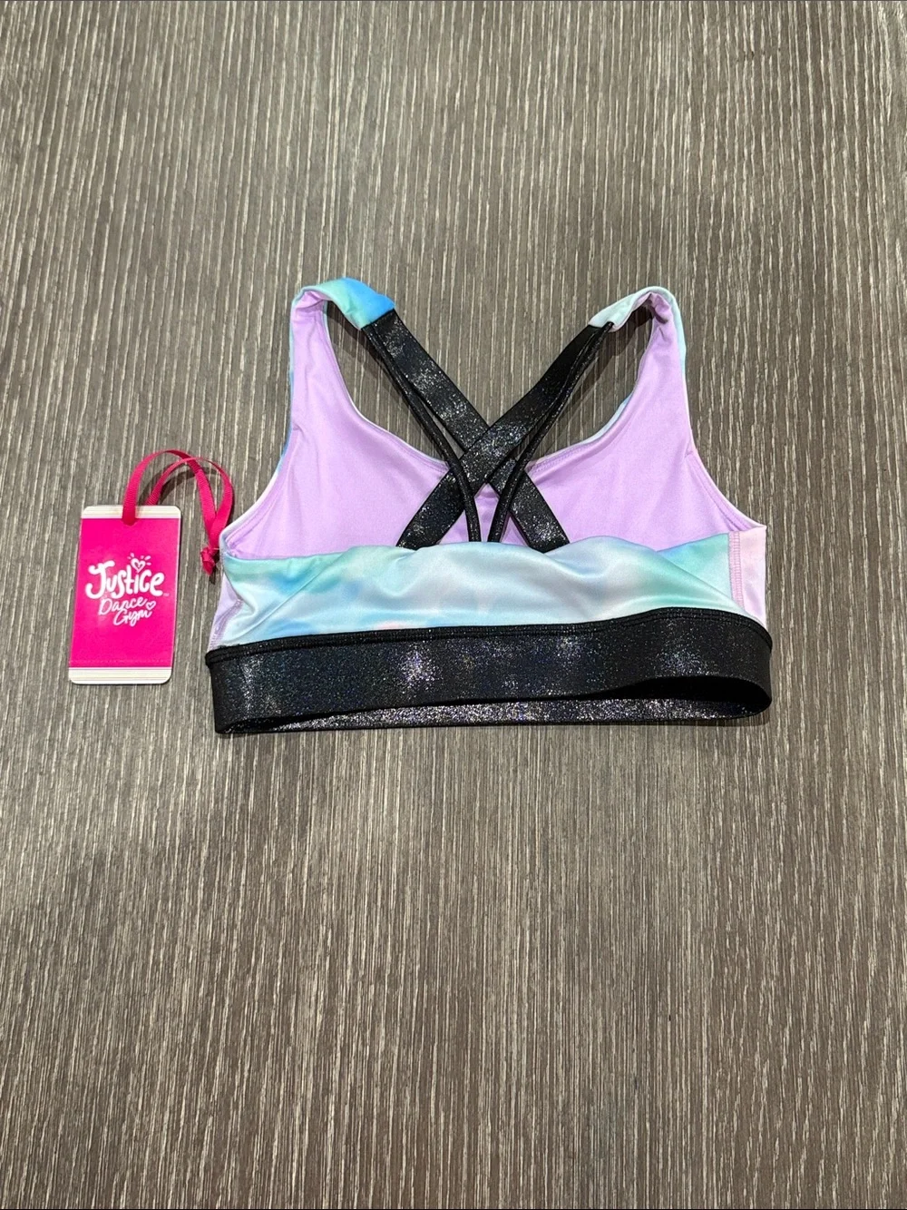 NWT Size Small 7-8 Justice Pastel Tie-Dye Crossback Sports Bra with Glitter Band